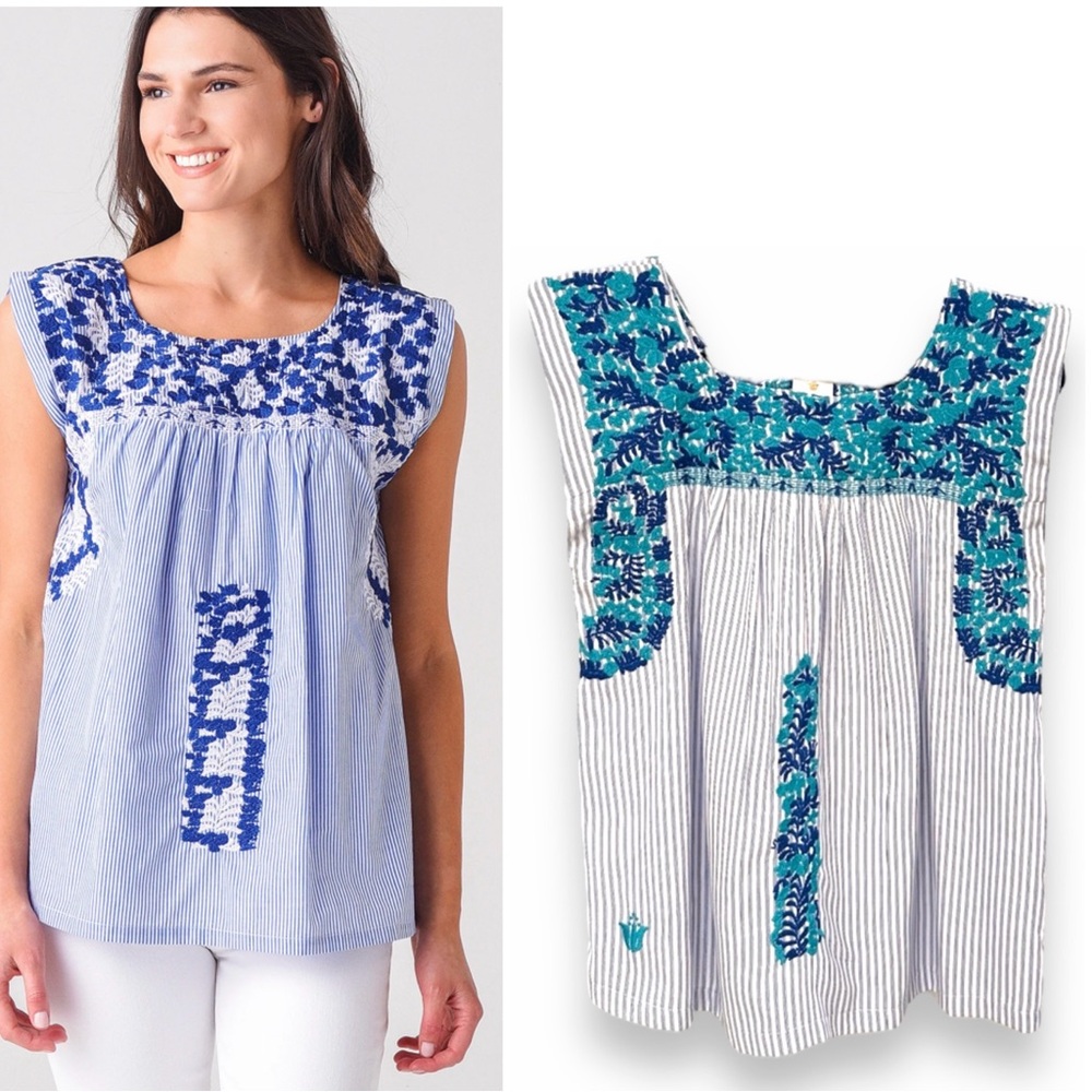 Blue Embroidered Striped Square-Neck Blouse